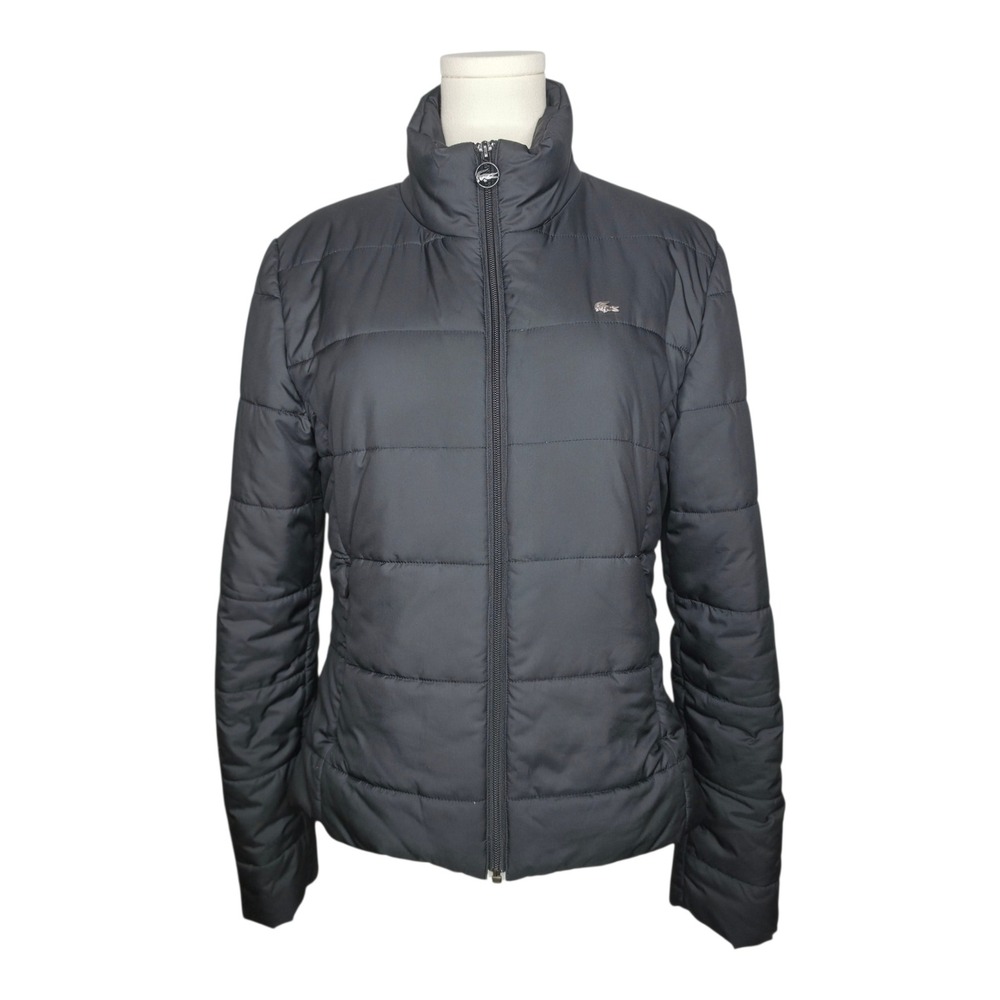 Lacoste Womens Black Quilted Puffer Jacket Full Zip Stand Collar Fitted Size 44